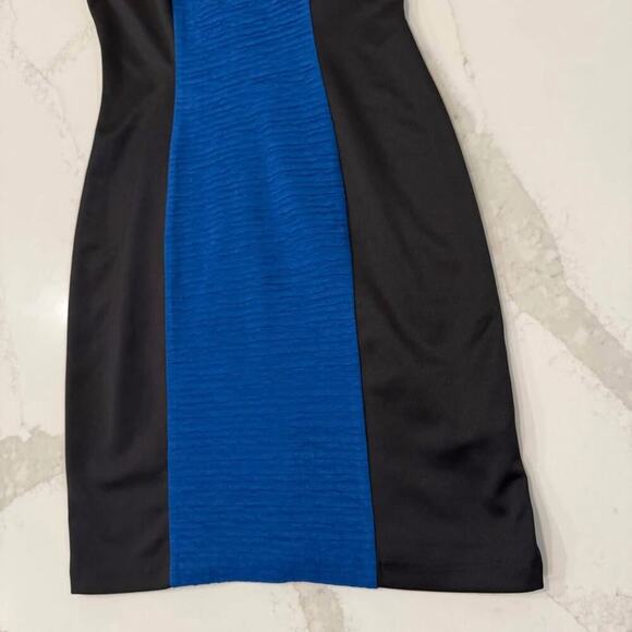 London Style CapSleeve Sheath Mini Dress Womens 6 Black/Blue Wavy Stretch Career - Picture 2 of 9